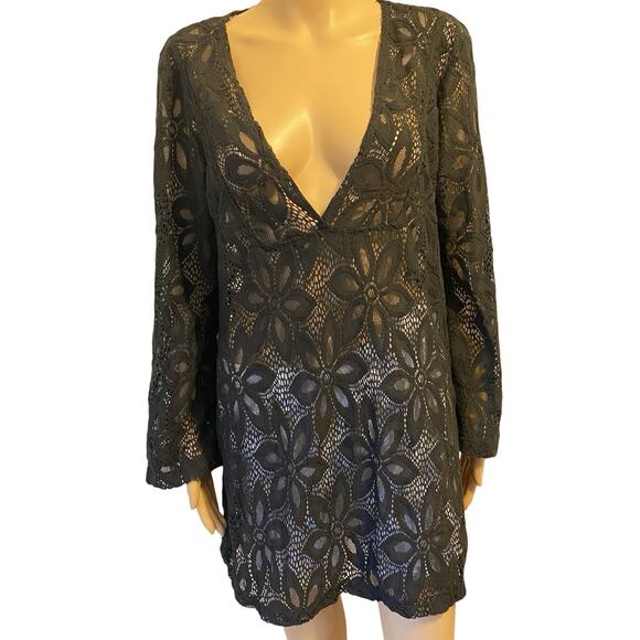 J Valdi Swim Cover-Up Dress M Black Lace Mesh Whimsigoth Pullover Cruise Beach - Picture 1 of 9